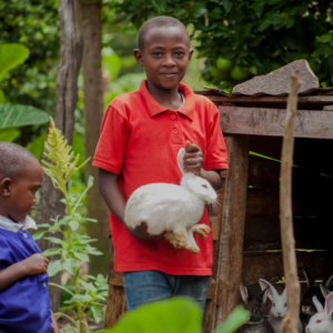 A boy and a rabbit.