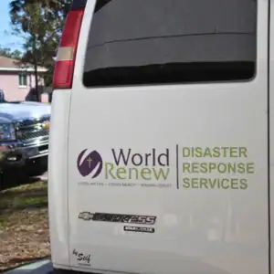 World Renew disaster response vehicle used to transport volunteers, tools, and equipment.