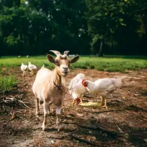 The friendship pack of a goat and chickens standing together outdoors.